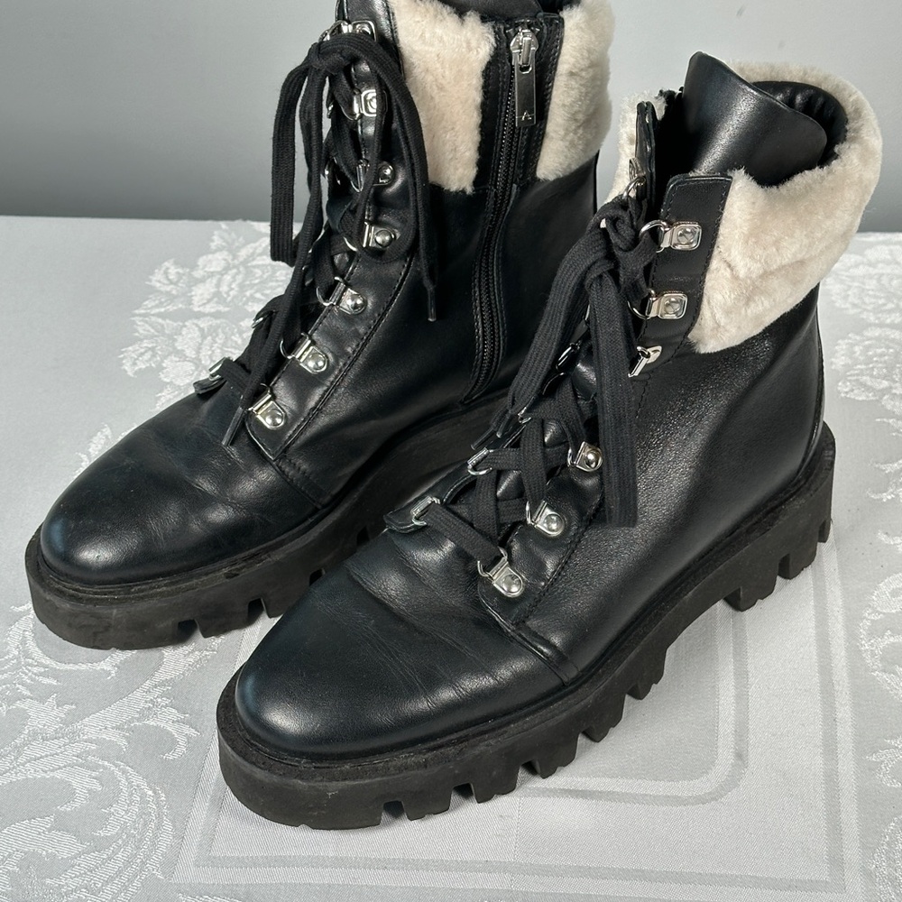 Aquatalia Black Leather Combat Boots with Cream Shearling Collar